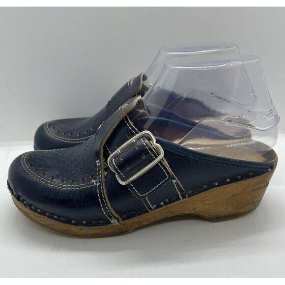 BASTAD ORIGINAL Swedish Wooden Clogs Women's Blue Leather Buckle Slip-on EU 36 6 - Picture 3 of 7